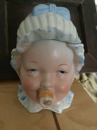 Antique German Figural Porcelain Tobacco Humidor Jar Baby W/ Pacifier C.  1900s