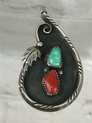 Vtg Old Pawn Navajo Sterling Silver Turquoise Red Coral Pendant 12.  89g