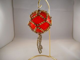 Vintage Glass Christmas Tree Ornament Round Beaded Tassel Red