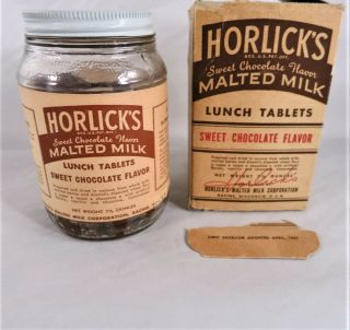 Rare 1941 Vintage Antique Horlicks Malted Milk Lunch Tablets Jar & Box W Content