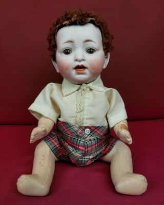 Antique German Boy Baby Doll Hertel Schwab 152 Brown Eyes Caracul Wig Cute