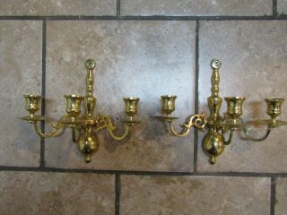 Vintage Mcm Set Of 2 Brass Candle Holders Triple 3 Arm Candelabra Wall Sconce