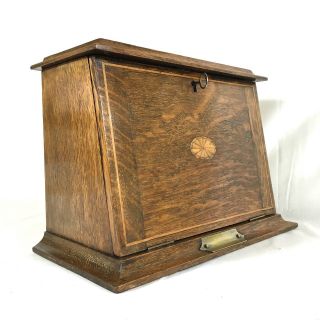 Antique Oak Table Top Stationary Cabinet Drop Down Front Fitted Interior
