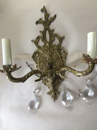 Pair Antique Vintage Brass Double Arm Wall Sconces Floral Motif Crystals Lamps