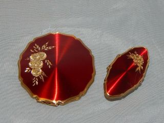 Vintage Compacts Stratton England Red Enamel Compact And Lipstick Mirror