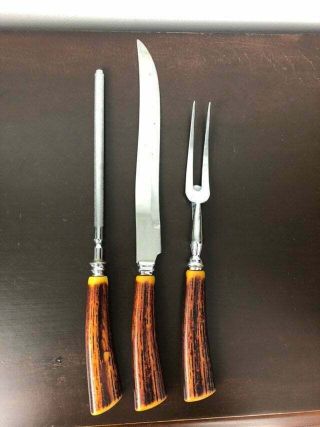 Vintage Stag Horn Knife Carving Set Cutting With Sharpener Bakelite Handles Set