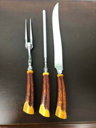 Vintage Stag Horn Knife Carving Set Cutting With Sharpener Bakelite Handles Set 3