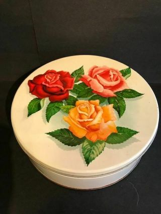 Vintage Tin Metal Canister Roses Lid Round Cookie Tin 10” X 3 1/2 " Old Kitchen