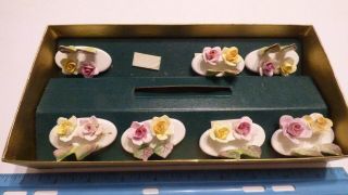 7 Crown Staffordshire Name Card Holders Floral Bone China Box Vintage