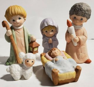 Vintage Homco Nativity Set Children Ceramic Bisque 5602 Glue On Bottoms