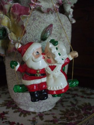 Vintage Christmas Tree Ornament Lefton Santa Claus & Mrs.  Kissing On A Swing