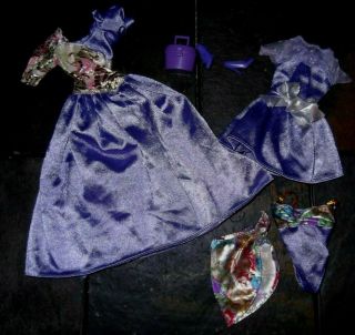 Barbie Doll Clothes - Vintage Purple Gown,  Dress,  Swimsuit,  Skirt,  Shoes,  Purse