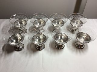 Rare Antique Sterling Silver Threaded Etched Crystal Wine - Dessert Glasses Cups
