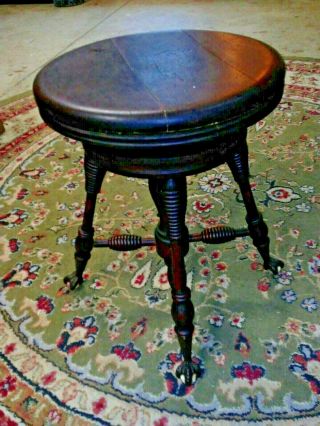 Antique Wooden Piano Stool Glass Ball/claw Feet Turned Legs Mahogany