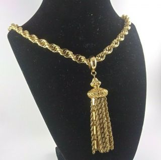 Vintage Signed Monet Gold Tone Rope Chain With Tassel Pendant