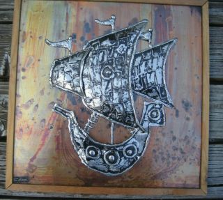 Vtg Swedish Metal Picture Viking Boat Ship Sweden Sven Lindstrom Copper Plaque 2