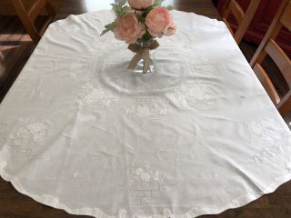 Vtg Shabby Chic Rose Floral Whitework Embroidered White 56 " Tablecloth (rf828)
