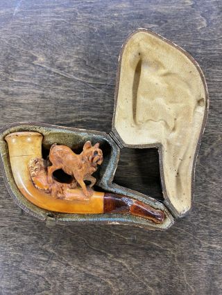 Antique Carved Schnally Bremen Meerschaum Pipe Amber Stem Lion With Case