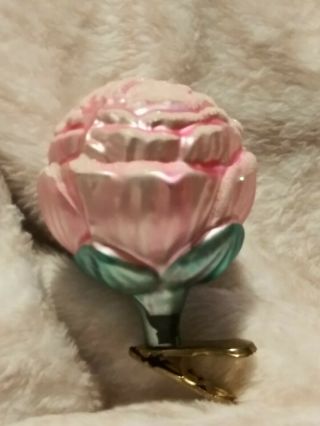 Vintage German Frosted Pink Flower Clip On Blown Glass Christmas Ornament 3 " 2