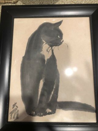 Vintage Black & White Tuxedo Cat - Japanese Ink Painting On Rice Paper Of - Signed