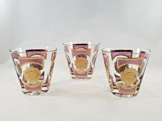 Vintage Mid Century Modern 3 Lowball Old Fashion Rocks Glasses Gold And Purple