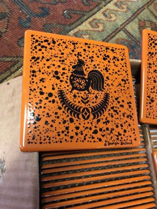 128 Georges Briard Orange ROOSTER Tiles NOS 1960s 4 1/2” 2