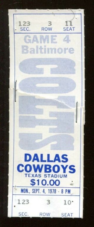 1978 Baltimore Colts V Dallas Cowboys Ticket 9/4 Texas Stadium 52098