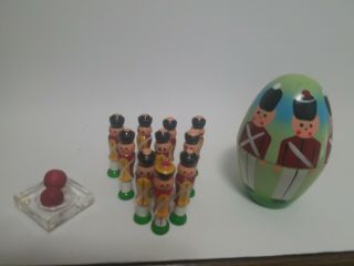 Vintage Painted Wooden? Egg Toy Soldier Bowling Game