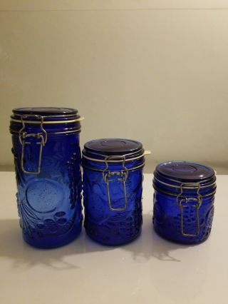 Set Of (3) Vintage Cobalt Blue Glass Canisters Fruit Embossed Wire Bail Lids