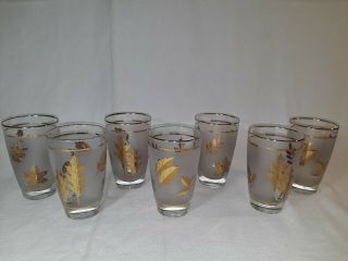 Set Of 7 Vintage Libby Gold Foliage Leaf Frosted Drinking Glasses
