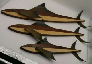 Vtg Masketeers Fish Wood Brass Wall Art Mid Century Modern Set 3 Sharks Marlins
