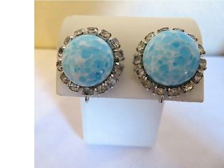 Gorgeous Vintage Signed Vogue Speckled Blue Art Glass Rhinestone Earrings