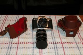 Vintage Ihagee Exa 500 Camera With Two Meyer Optik Gorlitz Lenses And Case