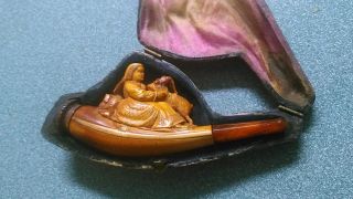 Antique Meerschaum Charoot Pipe In Case Real Amber Lady With Goat