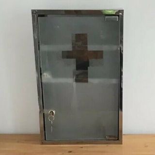 1960’s Lockable,  Shelved Stainless Steel & Glass,  Wall Mounted,  Medical Cabinet.