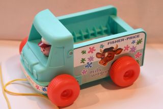 Vintage 1965 Fisher Price Turquoise Blue Milk Wagon Truck 131