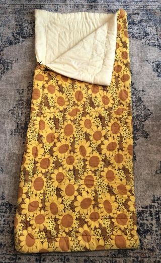 Vintage Sleeping Bag Yellow 1970s 1960s Floral Flower Blanket Sunflower Hippie
