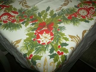 Vtg Christmas Tablecloth - 60x92 " Shiny Brite Ornaments Balls Gold Glitter Euc