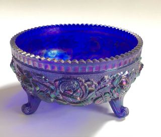Vintage Imperial Glass Blue Iridescent Carnival Footed 7” Bowl - Rose Pattern