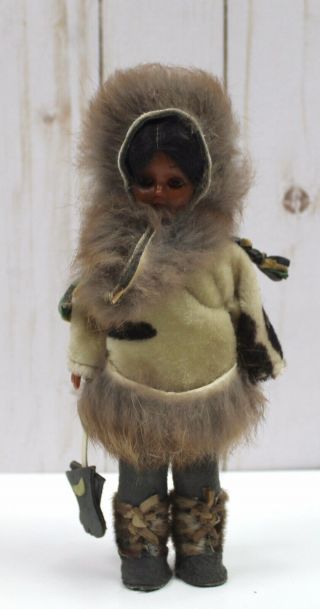 Vintage Handmade Alaskan Eskimo Doll Dressed In Authentic Fur Clothing 8”tall.