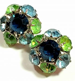 Vintage Earrings Clip Silver Tone Metal Blue Green Crystal Glass Rhinestones