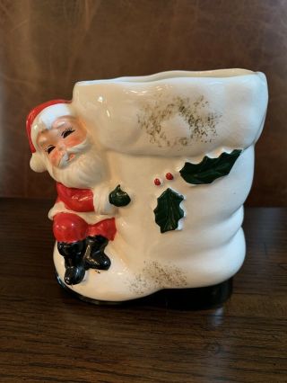 Vintage Santa Claus Ceramic Christmas Sitting On Boot Planter Vase Candy Dish