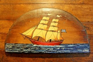 Vintage Folk Art Painting Of A Tall Ship On Half Of A Wood Barrel Top - 15 " X 8 "