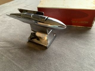 Vintage Occupied Japan Chrome Torpedo Rocket Table Lighter With Box