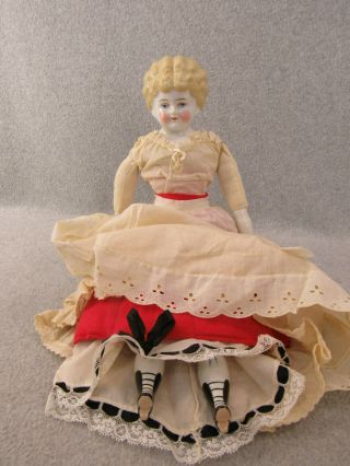 17 " Antique German Blonde China Shoulder Head & Cloth Body Doll With Fancy Boots