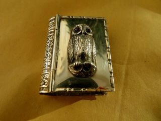 A Fine Solid Sterling Silver Hallmarked Novelty Owl Book Snuff Box Pill Box