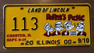 2000 Illinois Special Event License Plate Popeye Picnic Chester 113 Low Number