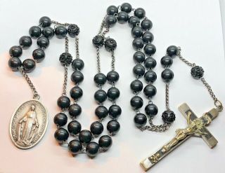 † Nun Antique Black Wooden Beads Habit Rosary - Skull&bones Crucifix †