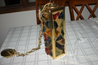 VINTAGE COLORFUL CHUNK GLASS MID - CENTURY PENDANT LIGHTS LAMPS BRASS ROCK GLASS 3