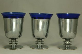 Set Of 3 Art Deco Chrome W Cobalt Glass Insert 3½ " Footed Juice / Cocktail Cups